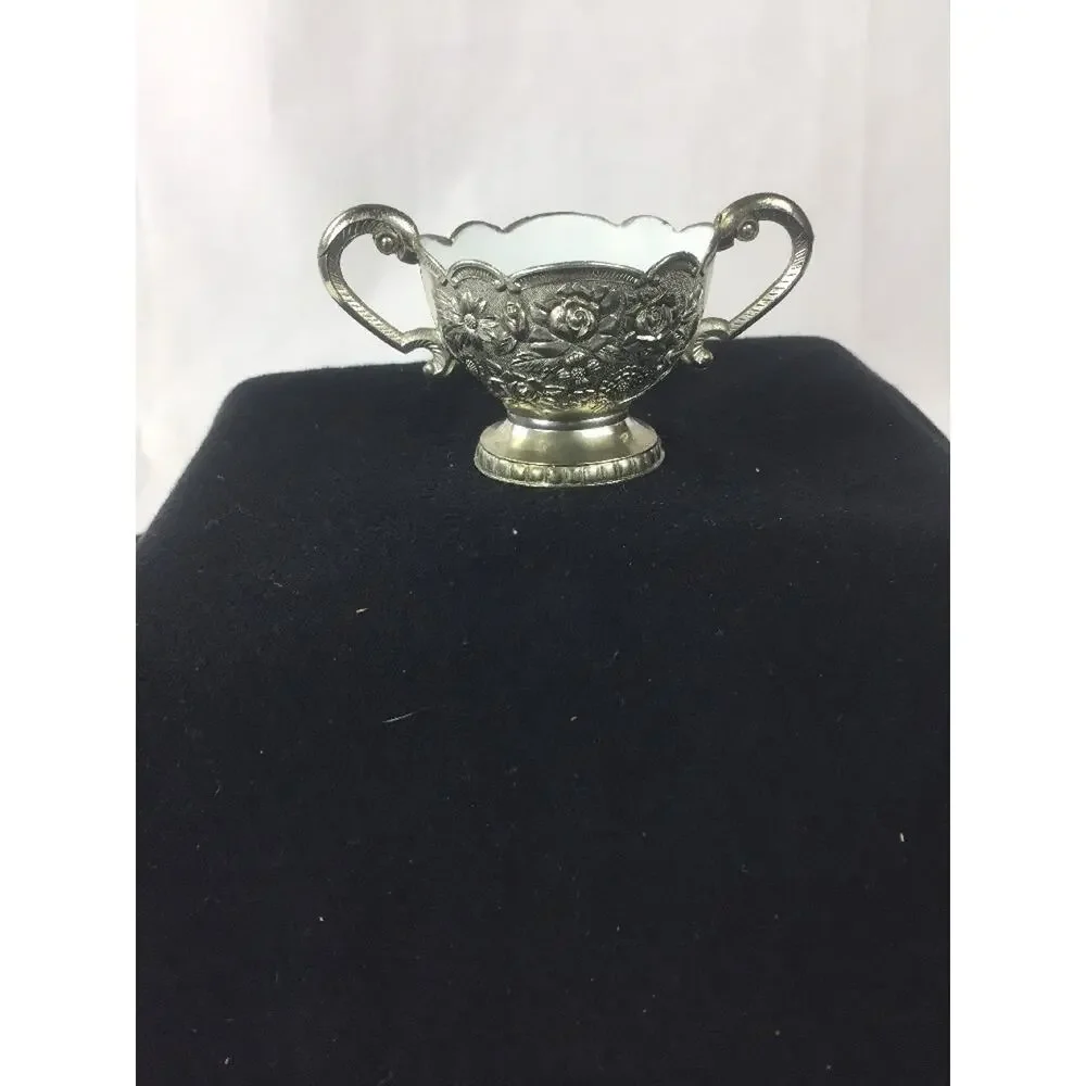 VINTAGE Laurel Leaf Farm Sugar Server 2.5” White With Enamel Inlay Silver Roses